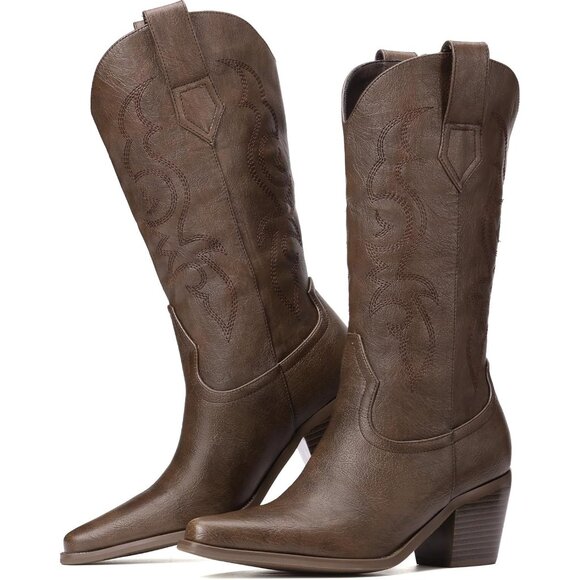 Women's Brown Embroidery Pointed Toe Chunky Heel Retro Western Cowgirl Booties - Picture 2 of 7